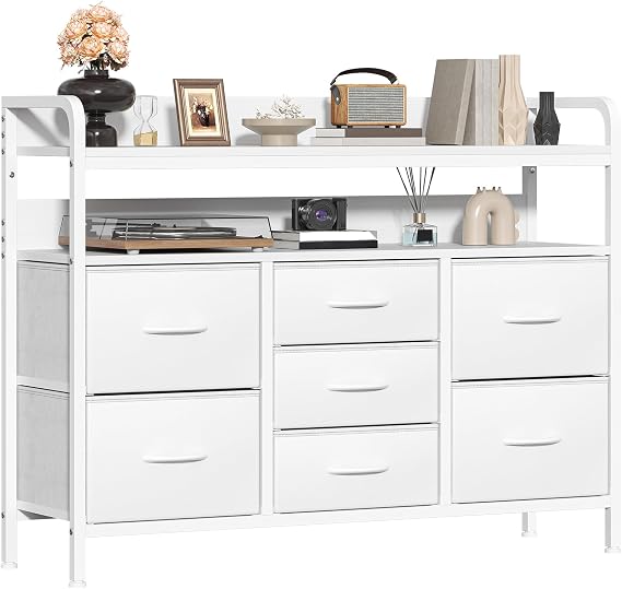 Chest of Drawers Bedroom, 7 Fabric Drawers with 2 Layers Shelf, Storage Organizer Unit for Bedroom Living Room Closet, Sturdy Steel Frame & Wooden Top, Fabric Dresser, White