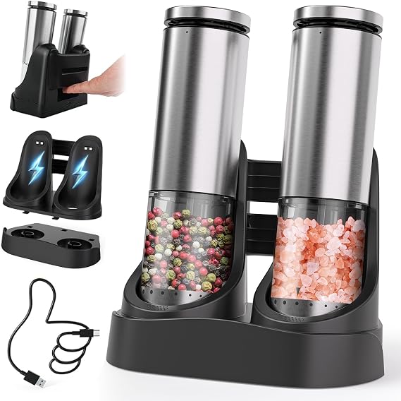 Electric Salt and Pepper Grinder Set with Charging Base