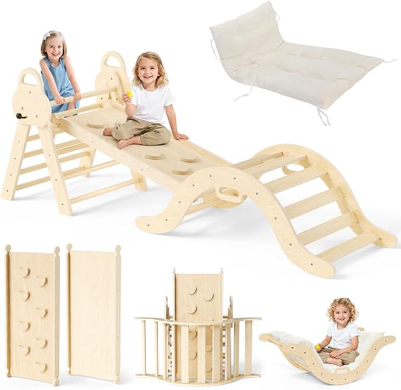 7 in1 Toddler Climbing Frame, Wooden Climbing Tripod Set, with Climbing Frame, Soft Cushion, Montessori Climbing Fitness Set, for Children Aged 1-3 Indoor and Outdoor Use (Wood tone)