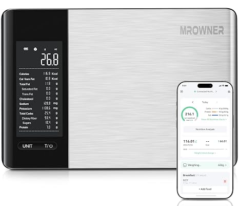 Smart Food Scale with Nutritional Calculator, Smart App, 22lb | Free App with 19 Nutrients Tracking, Grams and Ounces, Calorie Scale for Macro Tracking, Weight Loss Goals, Stainless Steel