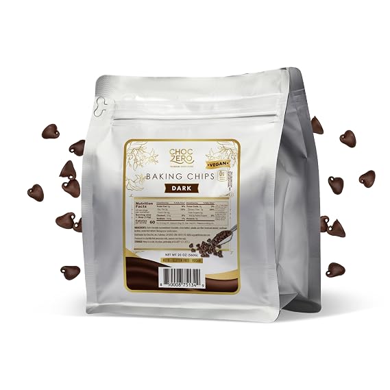 ChocZero Sugar Free Chocolate Chips, Dark Chocolate, Vegan, 20 oz Bag | No Sugar Alcohols, Keto, Low Carb, Gluten Free, Dairy Free, For Baking & Desserts