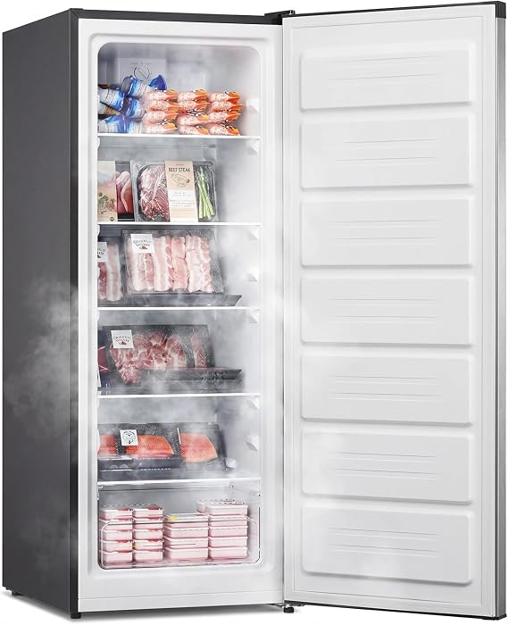 Upstreman Upright Freezer 7 cu ft, Stand up Deep Refrigerator, Temp Control, Reversible Door, 1 Drawer, 4 Removable Shelves, Adjustable Leg, Energy Star, for Garage, Dorm, RV, Silver, UF70