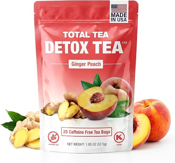 Total Tea Slimming Detox Tea Caffeine Free, Herbal Blend with Chamomile, Hibiscus and Ginger Root for Colon Cleanse Weight Management Drinks – Natural Ginger & Peach Tea (25 Bags) | 25 Day Herbal Chamomile Hibiscus Ginger Root Colon Cleanse For Weight Loss Belly Fat Bloating
