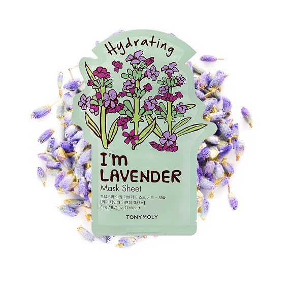 TONYMOLY Im Lavender Sheet Mask Korean Hydrating & Moisturizing Face Mask with Vitamin Infused Lavender & Rosemary Extract, Soothes Skin