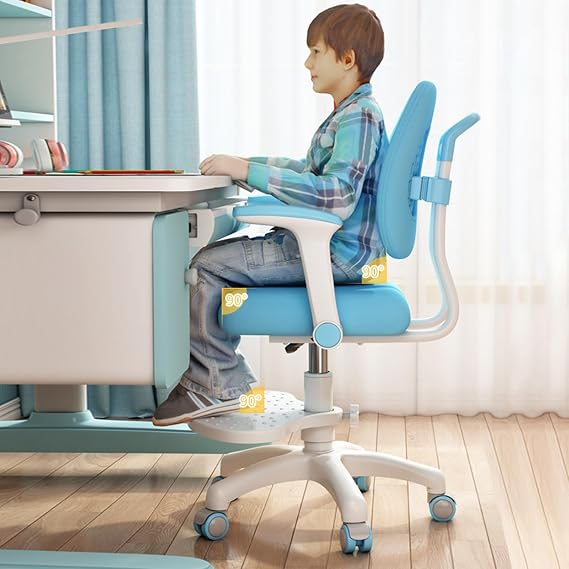 Kids Desk Chair, Height Adjustable Computer Chair with Lockable Wheels & Footrest, Soft Cushion Swivel Office Chair for Teens Students Blue