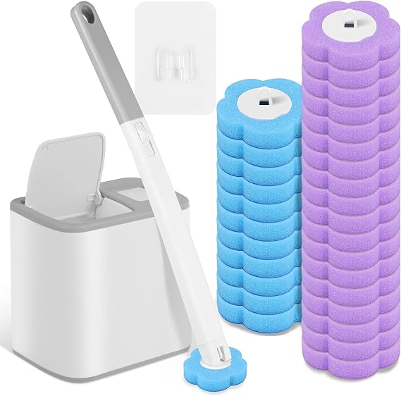 Disposable Toilet Cleaning Brush and Holder Set, 30 Refills, Disposable Toilet Brush, Non Woven Fabric and Sponge Bristles, Plastic Material, Purple