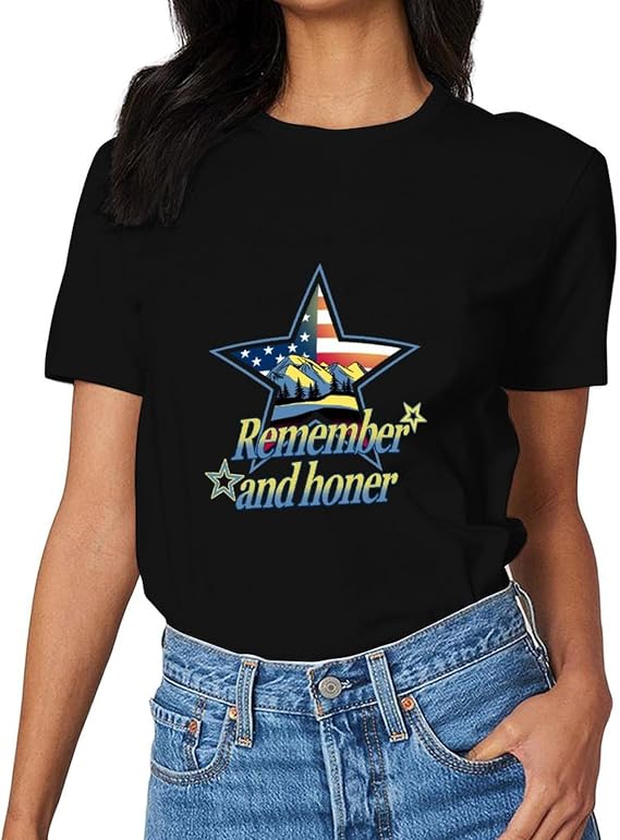 Summer Cotton Shirts for Women Shorts Sleeve Crewneck Black Tops Flag Print Shirts Women Casual & Business Stylish T-Shirts