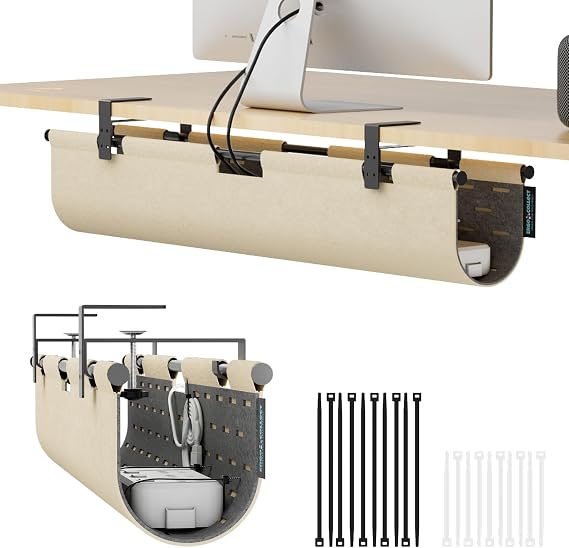 Under Desk Cable Management,No Drill Standing Desk Wire Management,Felt Cord Organizer Tray For Office, Home (Khaki/Gray, 30")