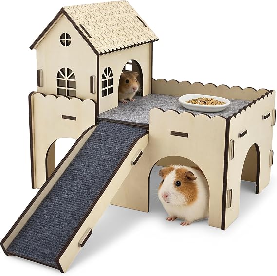 Wooden Guinea Pig House, Guinea Pig Hideout with Ramp, Small Animal Castle Cage with Detachable Stair & Cushion for Hamster, Hedgehog, Rat, 5 Entrances, Hiding and Playing, Double Layer