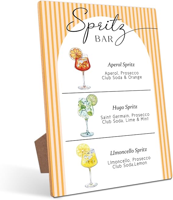 Aperol Hugo Limoncello Spritz Bar Table Sign - Spritz Cocktail Recipe, Perfect for Bridal Shower and Baby Shower, Summer Wedding Decorations, Graduate, Retire, 811 Wooden Party Sign with Stand