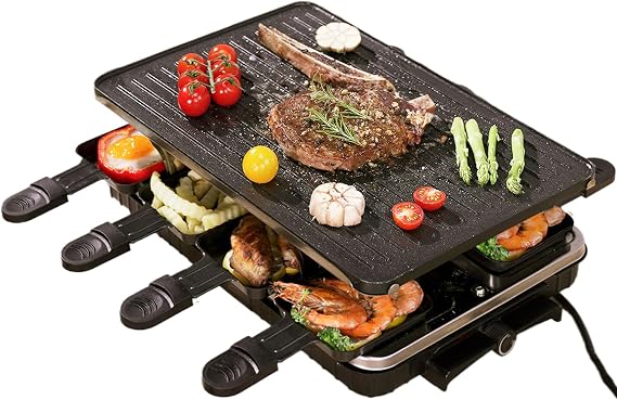 Raclette Grill Electric Grill Table Portable 2 in 1 Korean BBQ Grill Indoor & Cheese Raclette, Reversible Non-stick plate, Adjustable temperature control and 8 Mini Grill Cheese Pans