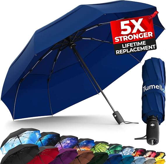 TUMELLA Strongest Windproof Travel Umbrella (Compact, 100MPH Wind-Tested)