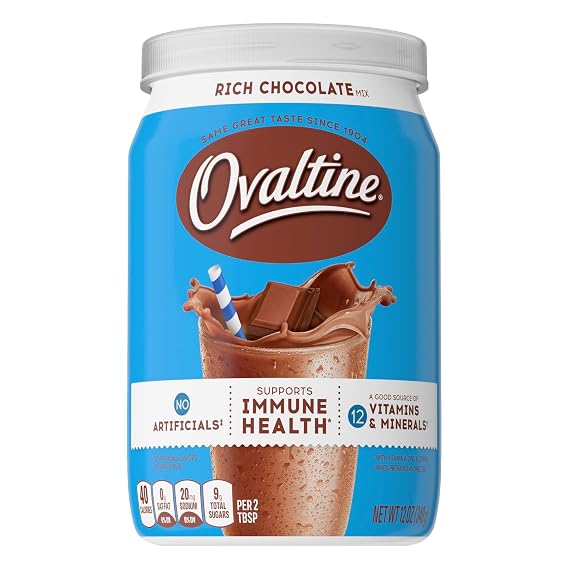 Ovaltine Rich Chocolate Drink Mix, Powdered Drink Mix for Hot and Cold Milk, 12 OZ Canister