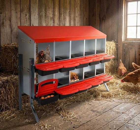 Chicken Nesting Box, 10 Compartments Roll Away Eggs Laying Boxes, Cleanable Pull Out Hen Roosting Boxes with Mental Leg, Durable & Easy to Install, Red