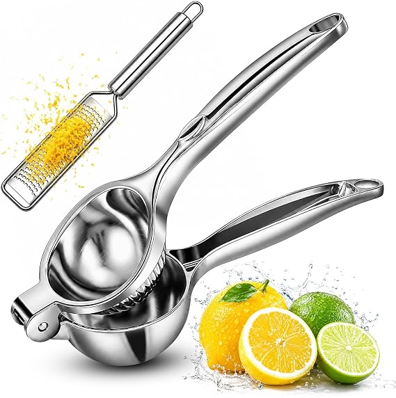 Lemon Squeezer & Zester Set Stainless Steel Citrus Juicer, Heavy Duty Handheld Lime Press with Seed Filter, Lime Juicer and Citrus Grater for Cocktails, Cooking & Cheese