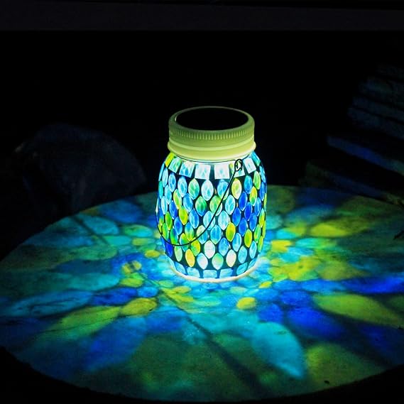Solar Mosaic Mason Jar Light, Hanging Outdoor Solar Lantern Waterproof Garden Decor (Bule)