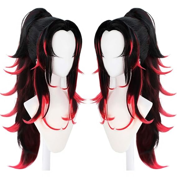 Black Wig with Red Highlight Men Women Long Pigtail Cosplay Wig | Hair Cap+Black Red Wigs Long Wavy Ponytail Wigs with Bangs Pigtail Hair Anime Ponytail Costume for Halloween Christmas Party