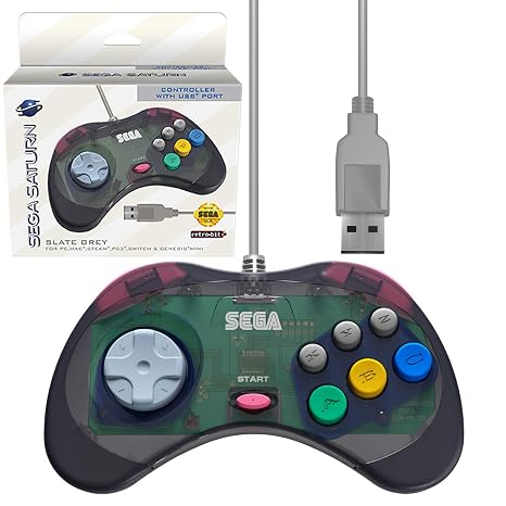 Retro-Bit Official Sega Saturn USB Controller Pad for Sega Genesis Mini, PC, Mac, Steam, Switch - USB Port (Slate Gray)