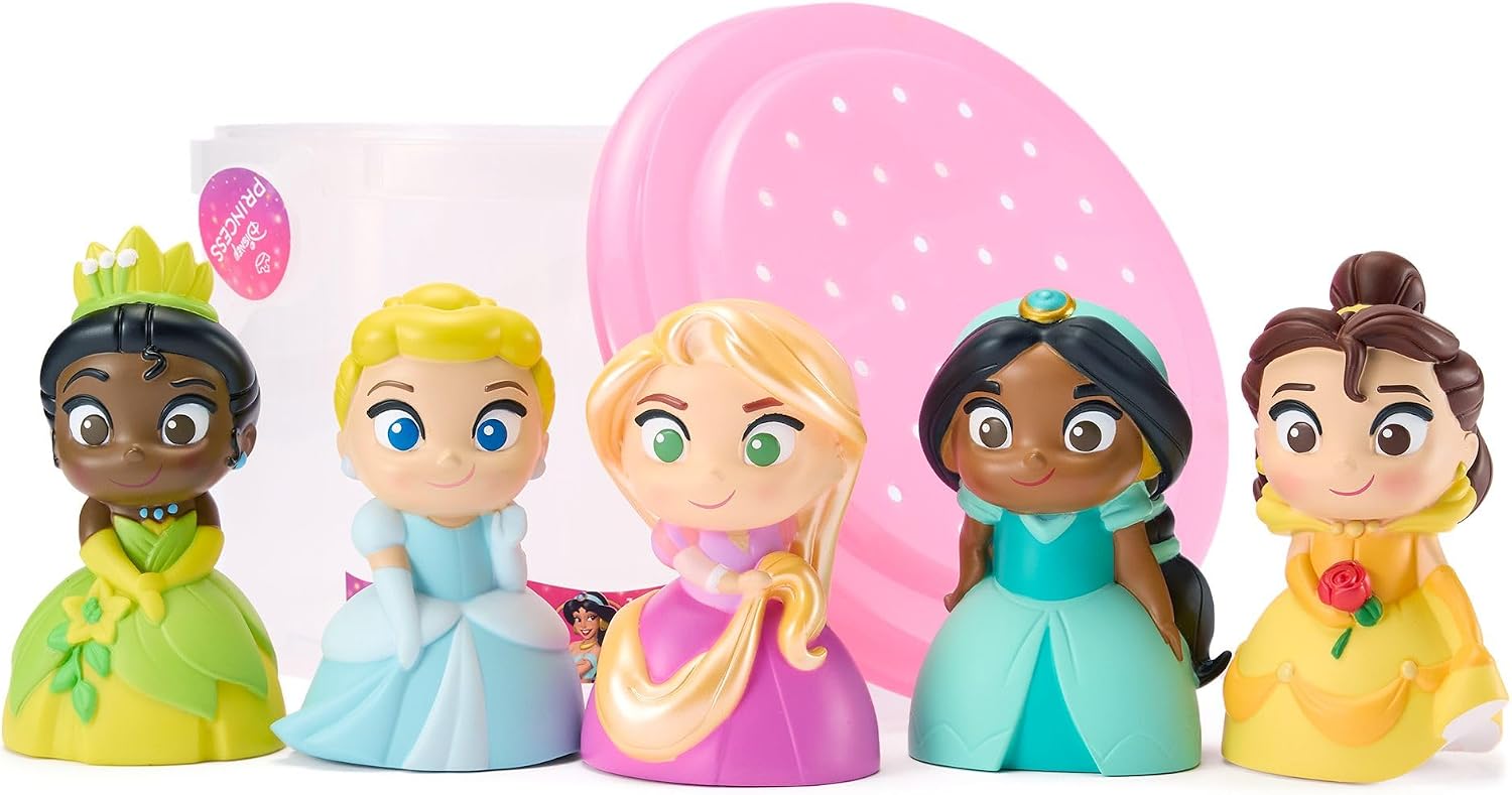 Disney Store Official Princesses Bath Toy Set, 5 Pc, Includes Belle, Cinderella, Jasmine, Rapunzel and Tiana, Bucket with Straining Lid, Bath or Paddling Pool Toys, 6 months