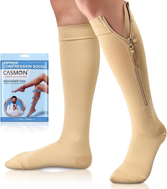 CASMON Zipper Compression Socks 20-30 mmHg Closed Toe Support Socks 1 Pair