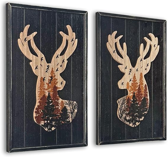 WAIU Cabin Wall Decor, Decorative Deer Wood Framed Forest Mountain Woodland Wildlife Lodge Elk Animal Picture Art Print Wall Decor, 10 x 14 Inches Set of 2