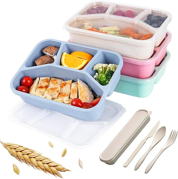 Snack Box, 4-Pack Lunch Box with Spoon Fork, 5 Compartments, BPA Free, Reusable Lunch Box, Designed for Portion Control, School and Eating Out. Compact, Stackable, Four Colors