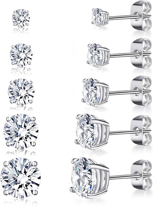 Gemsme 6 Pairs Cubic Zirconia Stud Earrings for Women/Men - Round Cut 4 Prong Settings 18K Gold Plated Hypoallergenic 3-8mm Clear Earrings Set