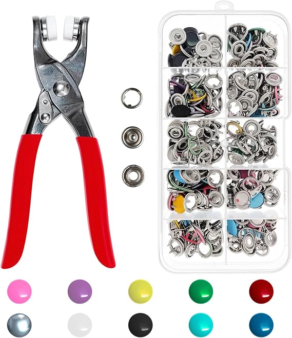 100 Sets Snap Fasteners Kit with Pliers 9.5mm No Sew | Universal Press Studs for Clothing, DIY Crafts, Fabric, Hollow & Solid Buttons - easy to install, durable, versatile