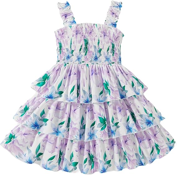 Toddler Girl Dress Summer Outfits Kids Ruffle Floral Smocked Straps Dresses Casual Sundress for Girls 2-8T