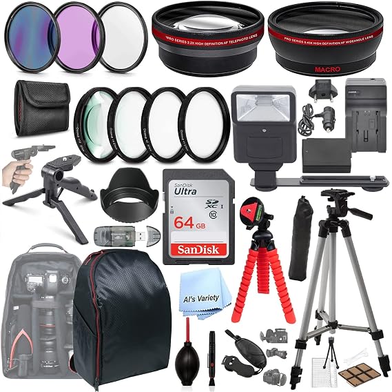 Als Variety 49mm Accessory Bundle with HD Filters, Close Ups, 64GB Memory, Backpack, Flash, Auxiliary Lenses, Battery, Tripod for Canon EOS M5, M6, M6 Mark II