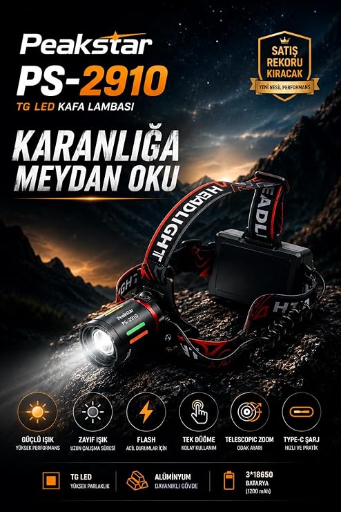 PeakStar PS-2910 3000 Lümen Şarjlı Profesyonel Zoomlu Kamp Avcı Balıkçı Kafa Lambası Feneri [Enerji Sınıfı A+++]