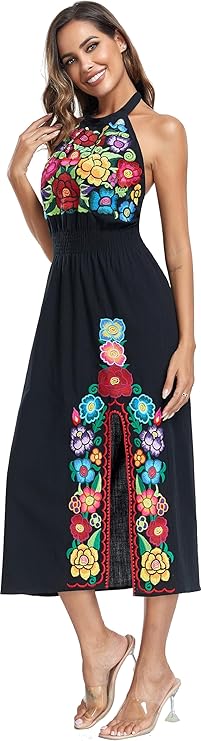 Womens Mexican Floral Embroidered Halter Maxi Dress Side Slit Boho Dress