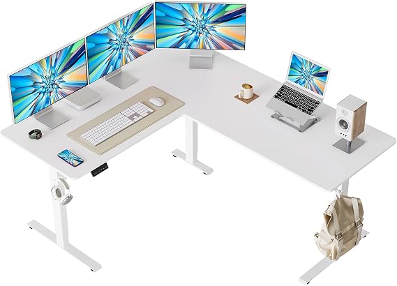 FEZIBO 63" x 55"L Shaped Standing Desk Adjustable Height, 63 Inch Electric Stand up Corner Computer Desk, Sit Stand Home Office Desk with Splice Board, White
