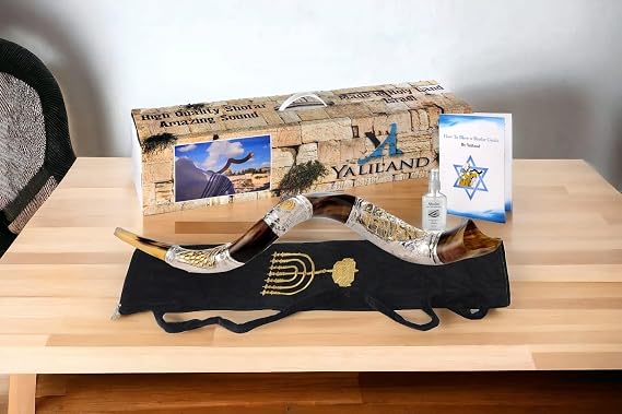 Yemenite Kudu Shofar Set - Polished Silver Plated JERUSALEM Design - 26-28" Ready to Blow - Includes Bag, Guide & Carrying Case