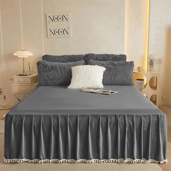 Pom Pom Velvet Bed Skirt, 22 Inch Drop Dust Ruffle Bed Skirt Soft Cozy Wrap Around Fitted Sheet, Fitted Bed Sheet with Skirt, Bedding Decor Fringe Bedspread (Dark Gray, Queen)