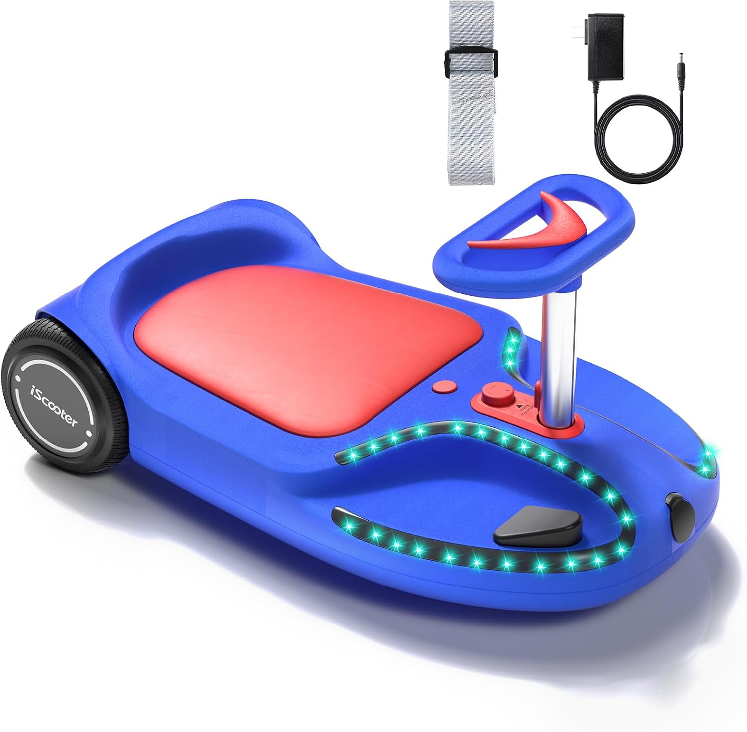 21.6V Electric Wiggle Car With Pedal and Pull Rope, 4 in 1 Swing Ride On Toy, Lithium Rechargeable Battery, 3 Speed, 100 Lights, Bluetooth, Anti-Rollover for Ages 3 Blue