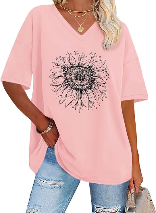 Oversized Tshirts for Women Graphic V Neck Summer Short Sleeve Loose Tees