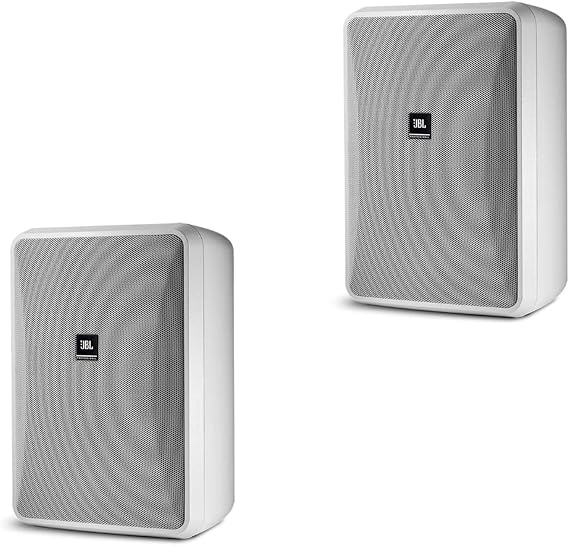 JBL Professional CONTROL 28-1-WH wall-mounted indoor, outdoor speaker, broad sound coverage, 8 inch, 120 watt at 8, high output background, foreground weatherproof speaker. Sold as a Pair. White.