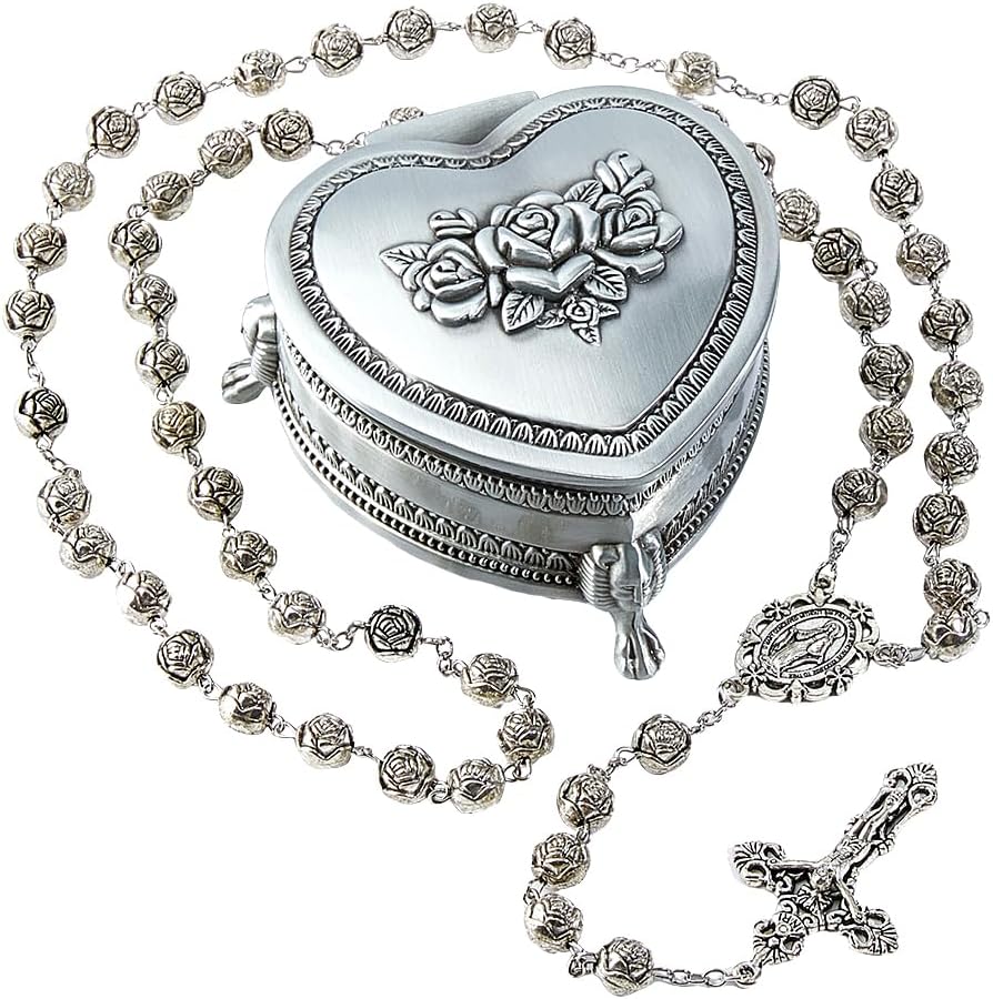 DICOSMETIC Rosary Bead Necklace 35.98 Inch91.4 Catholic Pearl Rosary Bead Necklaces Alloy Jesus Cross Rosaries Necklace for Women Men with 1Pc Alloy Heart Shaped Storage Box