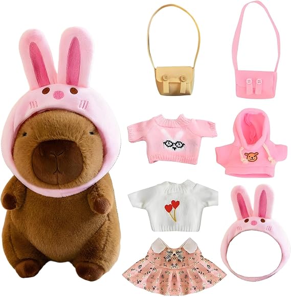 23cm Capybara Plush Toy, Cute Capybara Toys With 7 Clothes Accessories, Interchangeable Clothes Soft Plush Animal Set, Creative Gift Children Gifts
