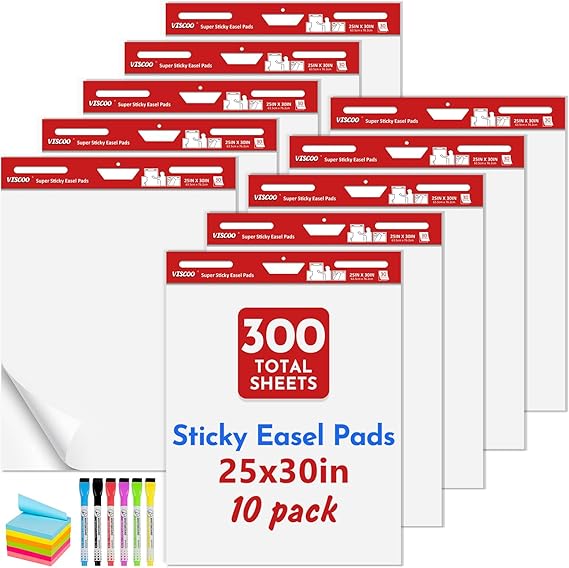 VISCOO Thickened Sticky Easel Pad, 25x30In Chart Paper for Teachers,10 Pack | Self Stick Paper for White Board, Anchor Chart Paper, with Sticky Note, 300 Sheets/10 Pads
