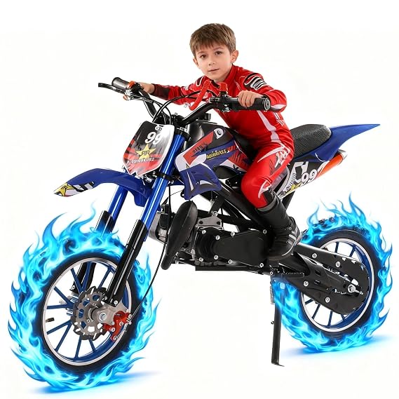49cc Gas Powered Kids Dirt Bike - 40KM/H Children Off-Road Motorcycle, Mini Motocross with Hydraulic Suspension & Dual Disc Brakes, 10" Pneumatic Tires for Beginners (150kg Load) Blue