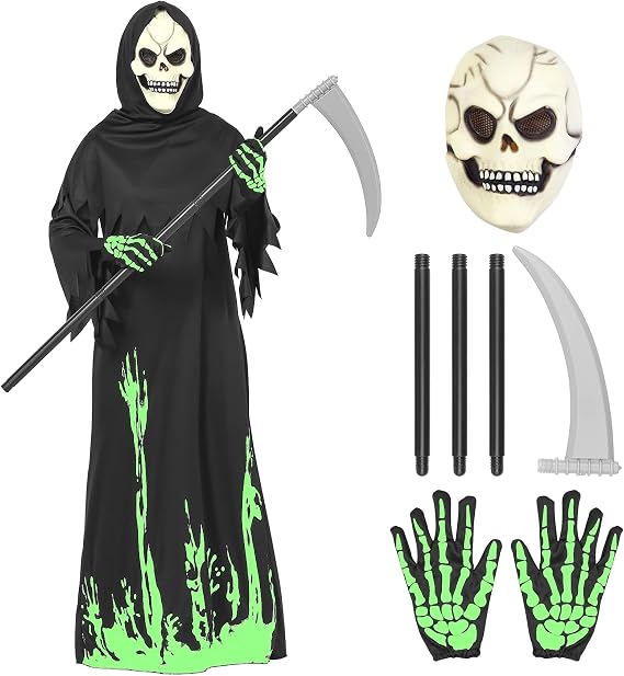 Halloween Grim Reaper Costume for Kids, Glow in the Dark Halloween Phantom Costume with Scythe,Skull Mask and Glove
