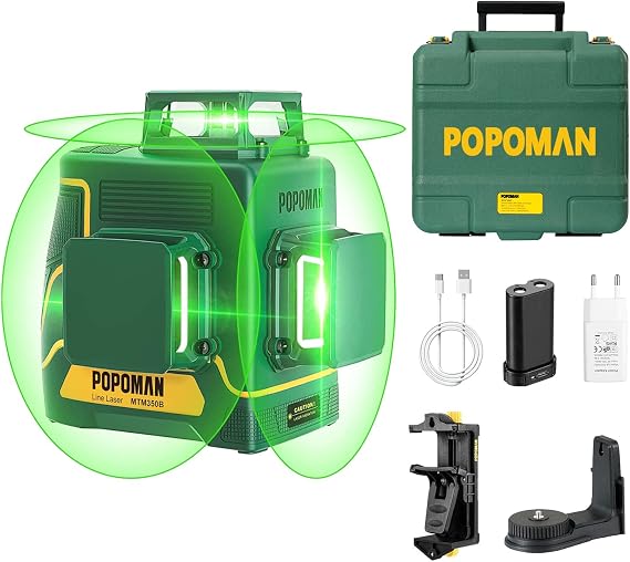 Laser Level 3D & 3 x 360, Line Laser Green POPOMAN, USB Rechargeable, Self Leveling and Pulse Mode, Magnetic Pivoting Base, Auxiliary Supporting Bracket, Carrying Case Include - MTM350B