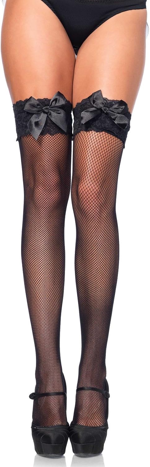Leg Avenue Fishnet Thigh Highs with Lace Top and Bow - One Size