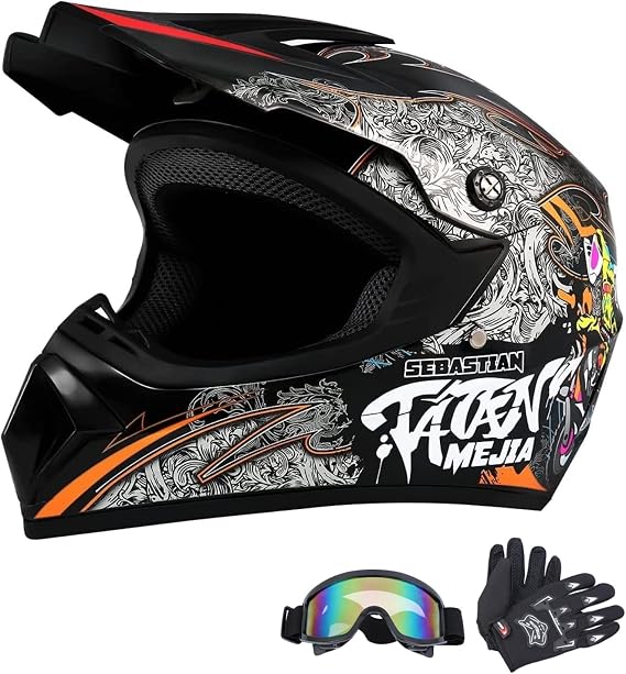 Motocross Helmet ATV Dirt Bike Helmets Off-Road Helmet with Gloves Goggles for Unisex Adult Youth DOT/FMVSS 218 Approved (Medium, Black)