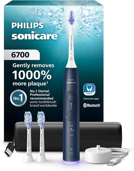 Philips Sonicare 6700 Rechargeable Electric Toothbrush, 3 Brush Heads, Navy | 1000% More Plaque Removal1, Visual Pressure Sensor, 9 Brush Settings, App Connected, 21-Day Battery, Travel Case, HX7413/05