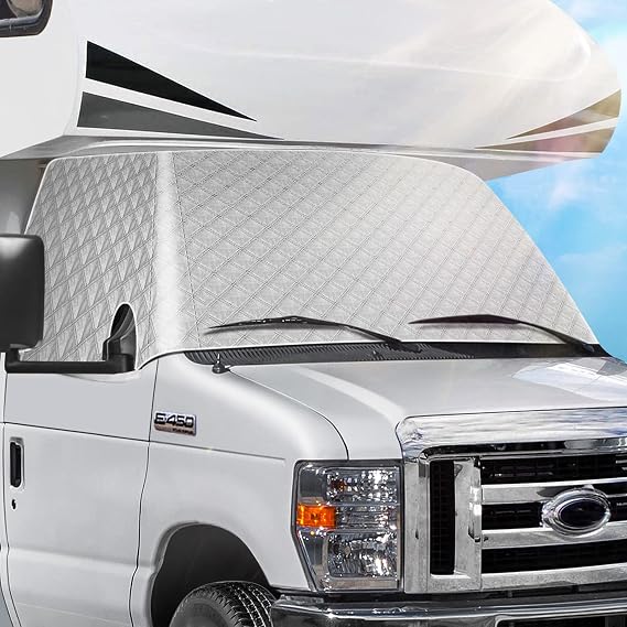 RV Windshield Cover Compatible with Class C Ford E450 1997-2025 Motorhome | Windshield Cover for Ice and Snow RV Front Window Sunshade Cover UV Block 4 Layers with Mirror Cutouts,Silver