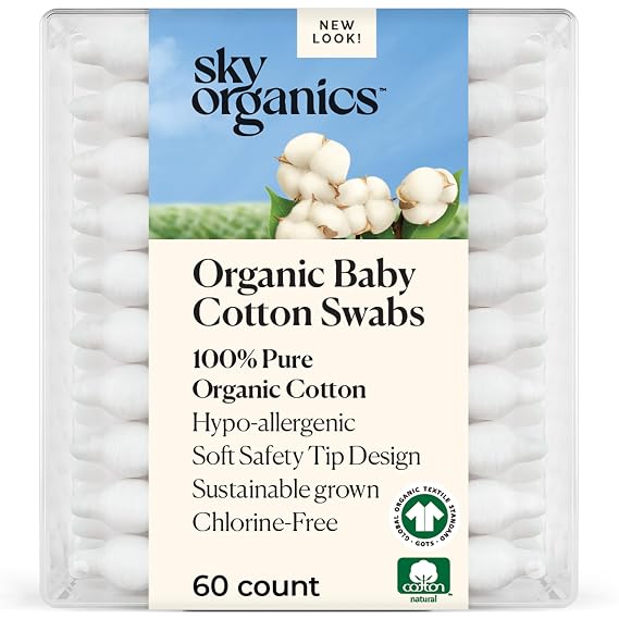 Sky Organics Organic Baby Cotton Swabs 60ct, Baby Safe Tips, Chlorine-Free