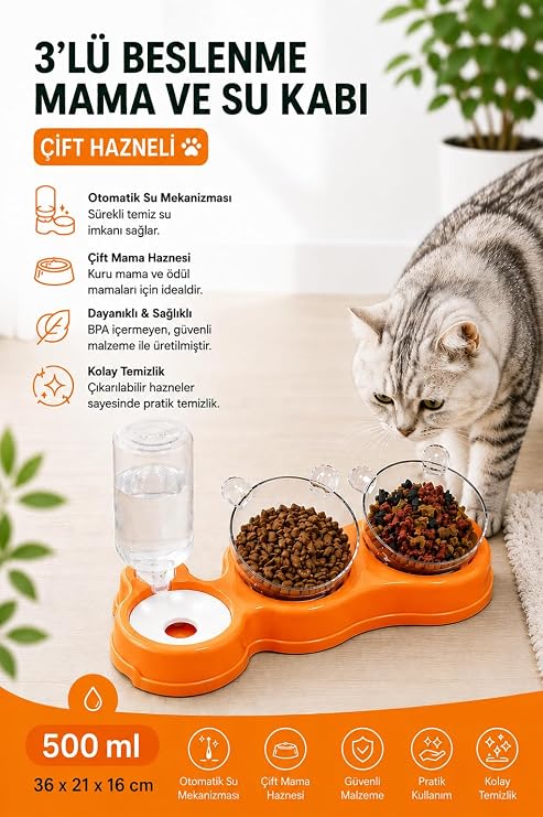 Çift Hazneli- 3' lü Beslenme Mama ve Su Kabı Turuncu 500 ml 36 * 21 * 16 cm